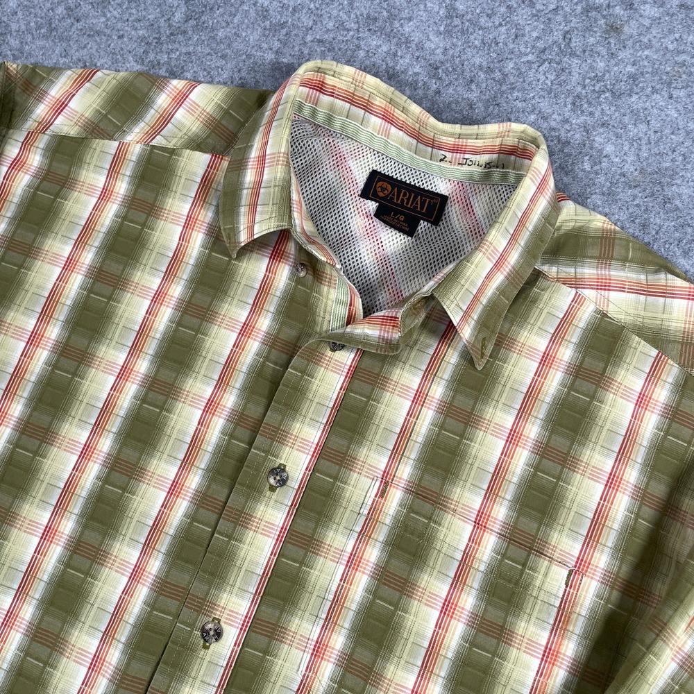 Ariat Mens Button Down Shirt Large Green Plaid Mesh Yoke Western Workwear